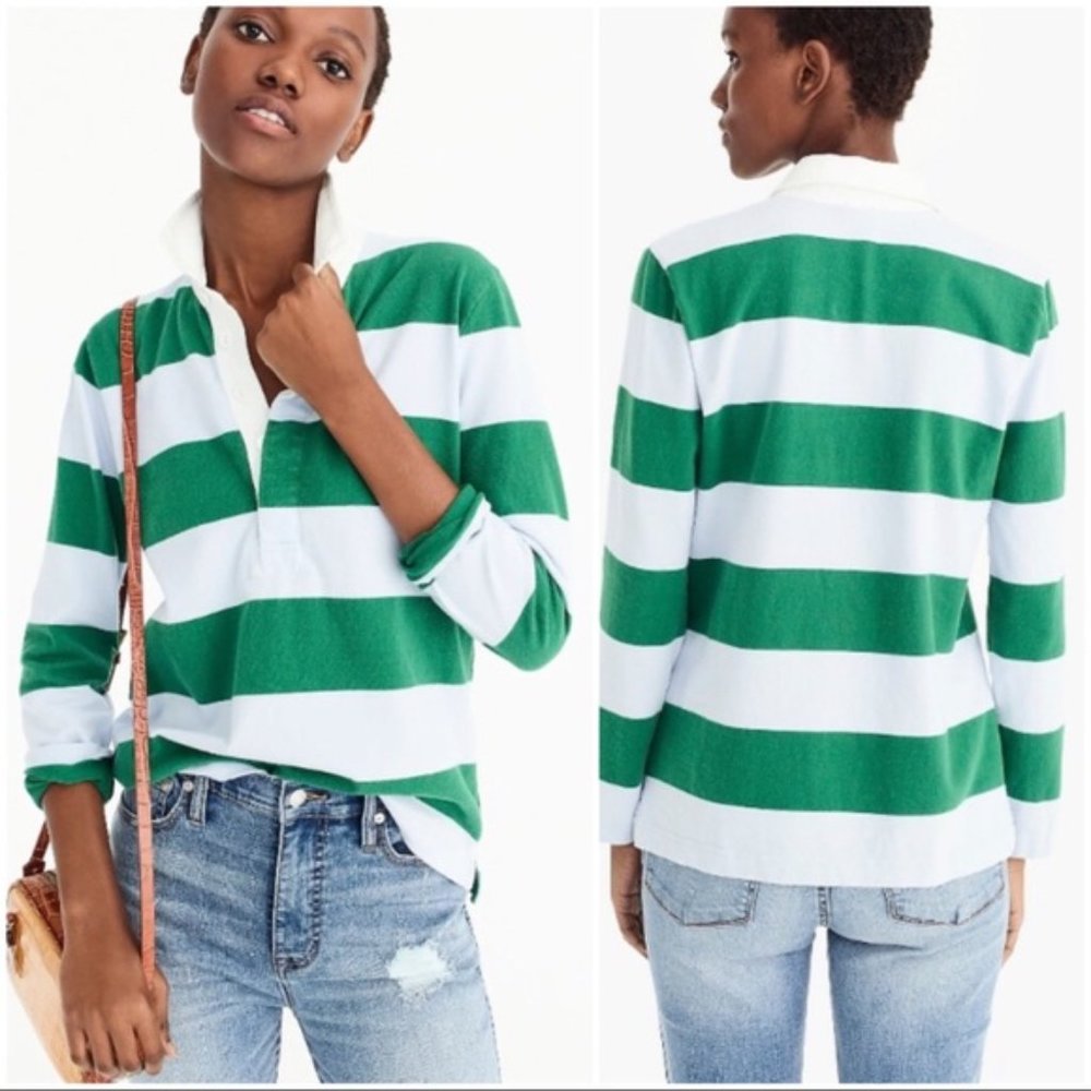 NWOT J.CREW 1984 Rugby Stripe Long Sleeve Polo Shirt -- Kelly Green/Light Blue